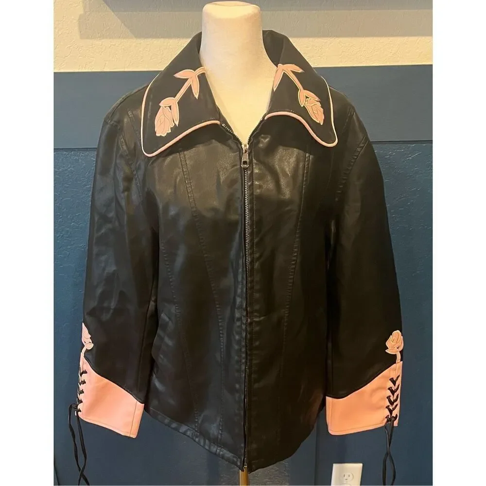 Maixang Oversized Faux Leather Embroidered Jackets Zip Up Motorcycle Coats